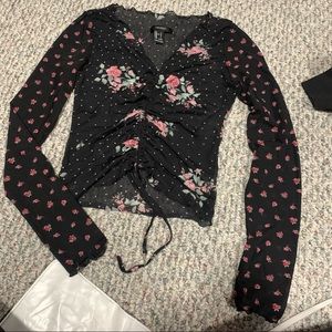 floral sheer cinched V neck long sleeve mesh top